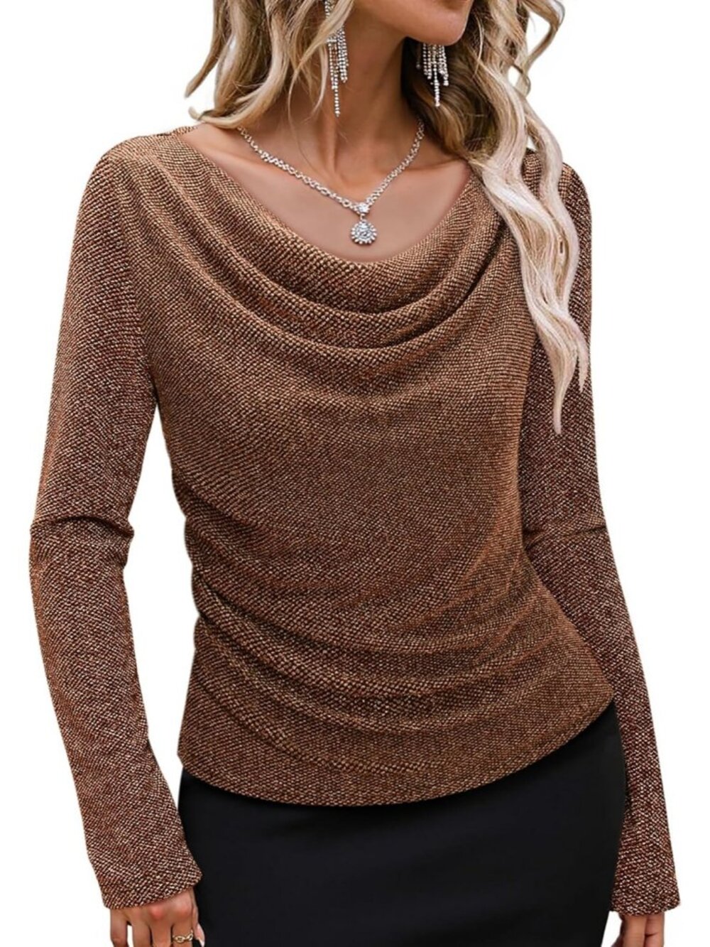 Women's Rose Gold Cowl Neck Stretchy Glitter Cocktail Party Long Sleeve Tops